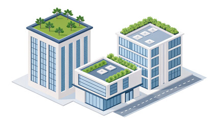 Isometric Green Roof Buildings, Isolated on Transparent Background, Illustration, Cityscape, Architecture, Green building, Eco-friendly, Urban design