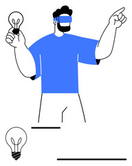Man in VR headset holding lightbulb and pointing outward, symbolizing futuristic ideas, creativity, technology. Ideal for innovation, progress, design, strategy, VR invention flat simple metaphor