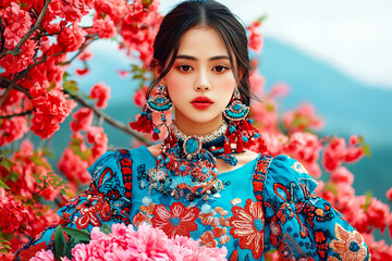 young Asian woman in vibrant costume stands among pink flowers, exuding elegance and beauty. colorful attire and floral backdrop create stunning visual