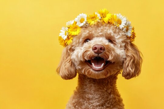 Cute baby dog keeshond wearing primal flower circlet on its head - symbol of sunny holiday season. Professional studio graphic. Isolated dark red background, copy space, commercial visual idea.