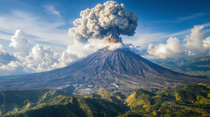 Fototapeta na wymiar Volcanic eruption with smoke rising into the sky, natural disasters