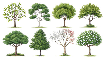 Fototapeta premium Collection of Eight Illustrated Trees, Isolated on Transparent Background, Botanical Illustration, Nature, Spring, Trees, Illustration, Nature