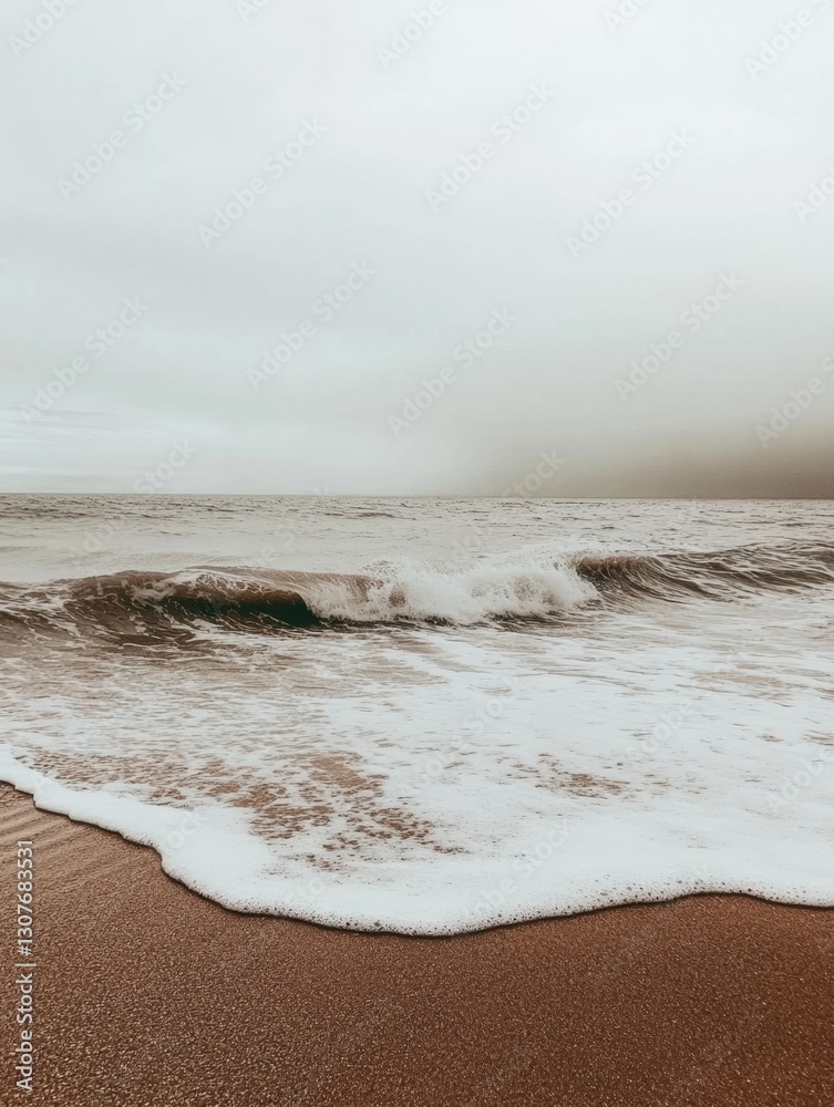 Aufkleber Lonely seashore with gentle waves under an overcast sky creates a serene atmosphere in an open space Generative AI
