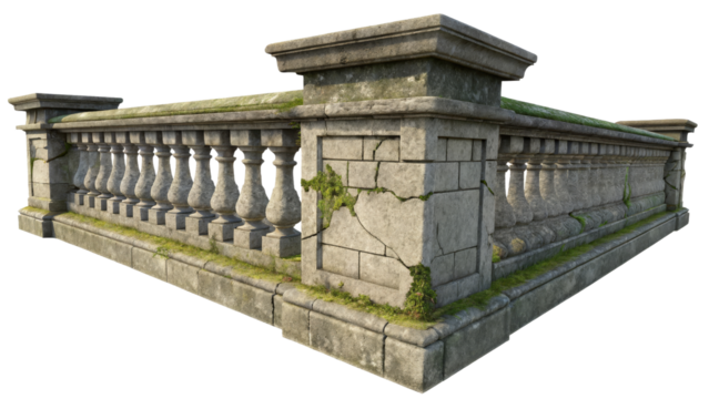 3D Model Stone Balustrade with Moss, Isolated on Transparent Background, Game Asset, Architecture, Baluster, Balcony, Fence, Game Ready