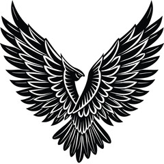 Bold Black and White Eagle Line Art - Vector Illustration,
Flying Hawk Tattoo Design - Monochrome Digital Artwork,bird's wing