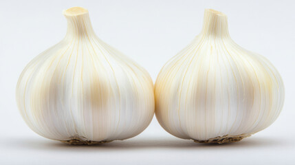 Obraz premium Garlic bulbs revealing intricate surface details, crisp white background highlighting natural contours and delicate textural patterns