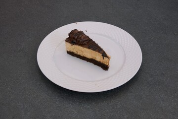 A slice of chocolate cake on a white plate