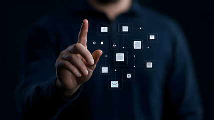 Person Interacting with Digital Interface and Virtual Icons Display