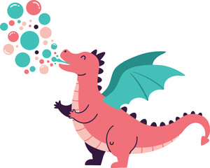 Fototapeta premium Playful pink dragon blowing colorful bubbles in a minimal flat vector illustration