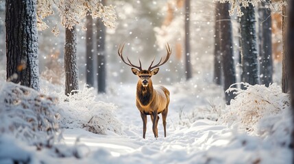 Fototapeta premium Enchanted Winter Forest: Majestic Red Deer Amidst Snowy Trees