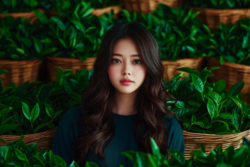 young Asian woman with long hair surrounded by lush green tea leaves, exuding calm and serene expression. vibrant greenery creates refreshing atmosphere
