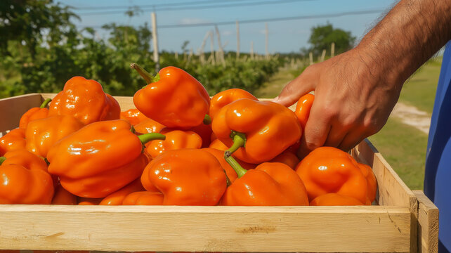 Farmer carrying a wooden crate overflowing with freshly picked orange bell peppers in a sunlit field, celebrating a bountiful harvest