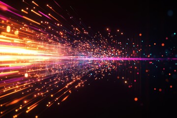 Dynamic abstract graphic layout showcasing vibrant light trails in a dark setting