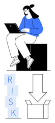 Woman sits on block with laptop, blocks spelling RISK, large downward arrow directs toward open box. Ideal for risk management, work planning, decision-making, creativity, productivity