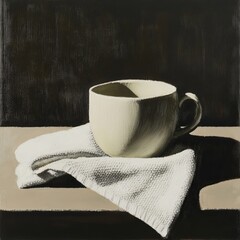 A cozy scene featuring a cup placed next to a soft towel, creating a warm and comforting atmosphere.