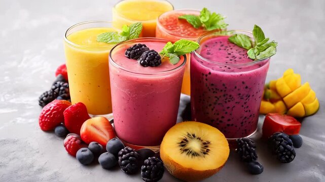 video of Assorted fruit smoothies accompanied by their fresh ingredients