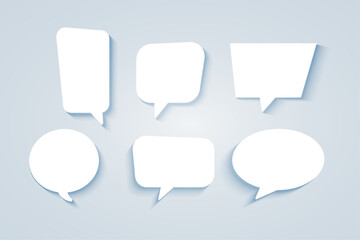 Collection of six various white speech text bubbles with gradient and shadow. Communication, conversation, dialogue. Vector elements.