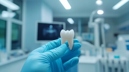 Dentist demonstrating tooth model in den