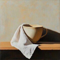 A cozy scene featuring a cup placed next to a soft towel, creating a warm and comforting atmosphere.