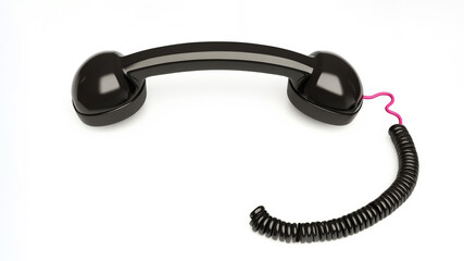 Black vintage telephone handset with coiled cord is isolated on a plain white background, creating a minimalist and nostalgic image