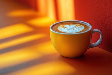 Beautiful latte art in a yellow cup on a warm orange surface in bright natural light