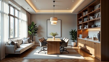 Fototapeta premium Elegant meeting room with wooden furniture and sophisticated decor