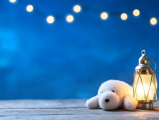 Plush dog toy rests beside a glowing lantern on a wooden table against a blue background with fairy lights; ideal for bedtime stories, children's books, or calming atmosphere imagery