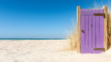 Purple beach door opens to ocean view; summer vacation travel; serene seascape background; ideal for travel brochures