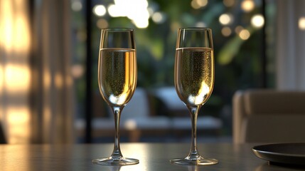 Elegant Champagne Glasses on Table with Bokeh Background