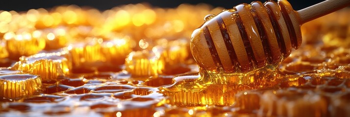 Exploring the natural beauty of honeycomb and its golden honey in a farm setting