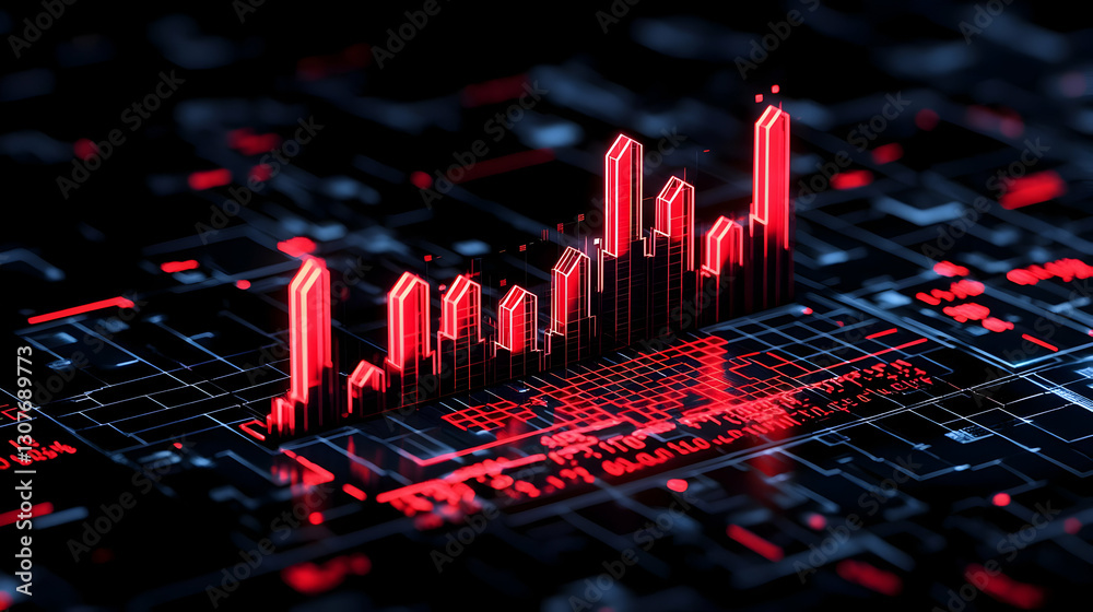 Poster digital data visualization with red graph on dark background