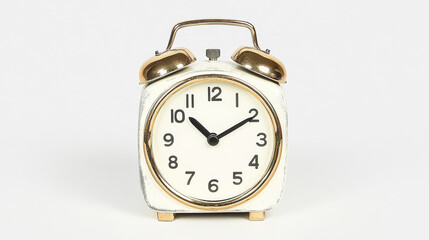Minimalist photo of a retro style analog alarm clock with a distressed golden frame, artistically displayed on a clean, minimalist white background