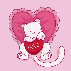 Sweet white kitty with hearts. Cozy and funny vector illustration.