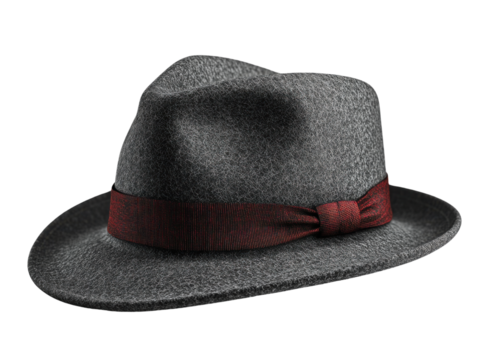 Stylish gray fedora hat with red ribbon band, perfect for fashion lovers