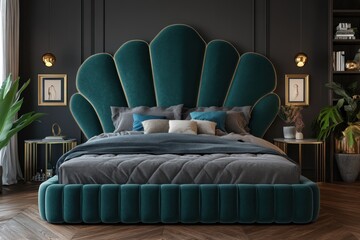 Obraz premium Teal velvet bed with shell headboard, gold accents, and gray bedding in a dark room.