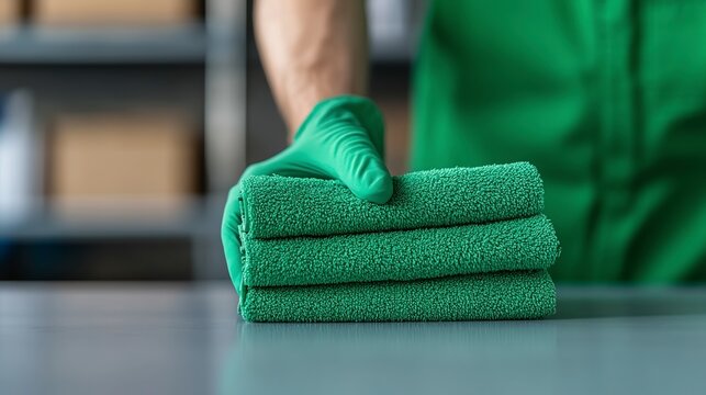 Person in Green Gloves Placing Stack of Green Cleaning Cloths on Gray Surface