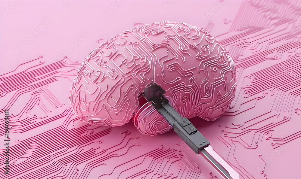 Poster pink brain with circuit patterns and robotic arm conceptual image