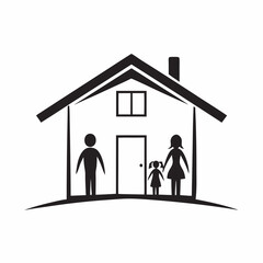 Family silhouette standing in front of house