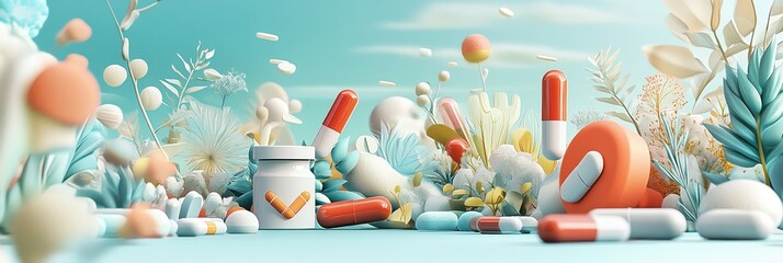 Creative graphic layout showcasing colorful capsules and flowers for health advertising