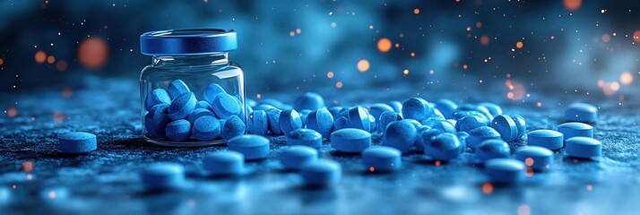 Graphic layout for advertising a blue pill product on a dark surface with sparkles