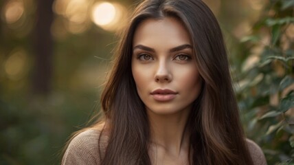 Obraz premium Portrait of a beautiful brunette woman with long brown hair smiling and enjoying a moment of natural beauty