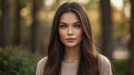 Naklejka premium Captivating portrait of a beautiful brunette woman with long brown hair smiling joyfully in a natural setting