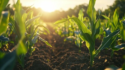 Fototapeta premium Vibrant young corn plants swaying in sunlight