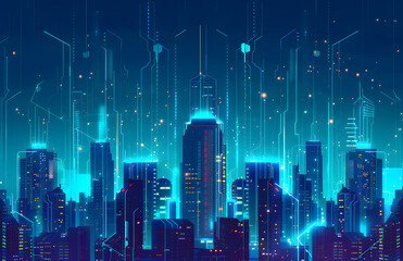 abstract blue background of night city skyline and tech lines