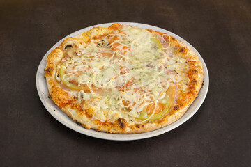 A pizza with cheese and ham on it sits on a white plate