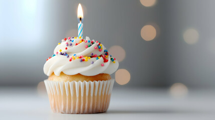 Single Birthday Cupcake with Colorful Sprinkles and Lit Candle