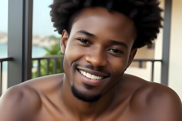 close up head shot of a handsome black african american man on a balcony.  urban background, attractive man, confident, serious expression, adult male, casual clothing, modern, outdoor portrait