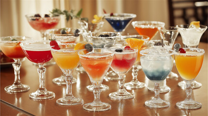 An elegant collection of sophisticated cocktails in classic martini glasses, showcasing the artistry of mixology with a professional and refined presentation.