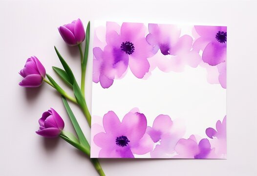 Leere Karte mit violetten Blumen und Tulpen auf hellem Hintergrund als frisches florales Mockup Generative KI