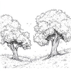 Two trees on a hill, simple drawing